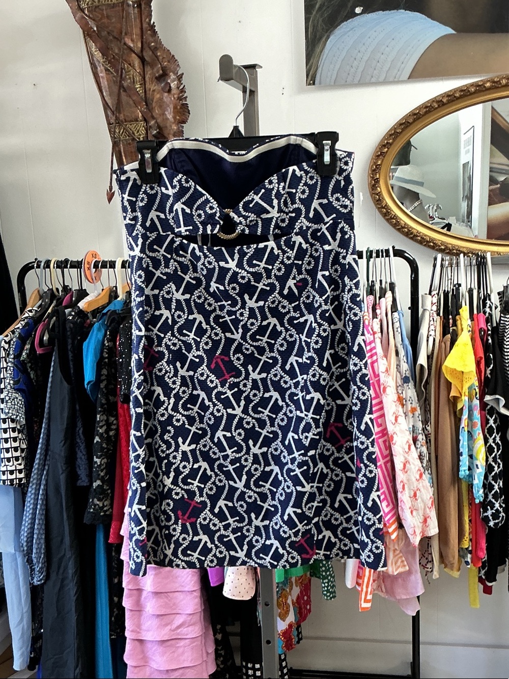 Navy Nautical Chain Print Strapless Dress